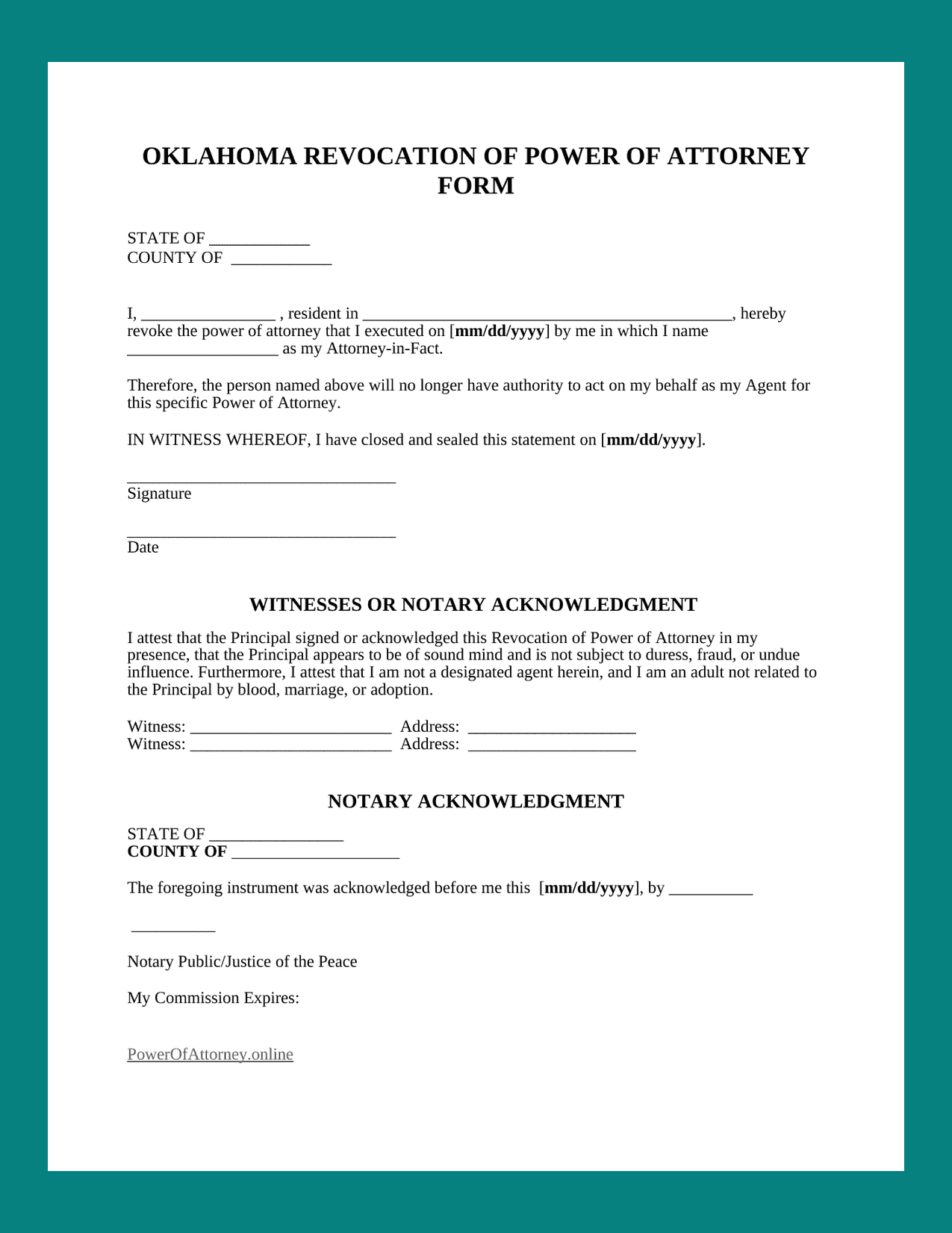 Sample Oklahoma Revocation of Power of Attorney