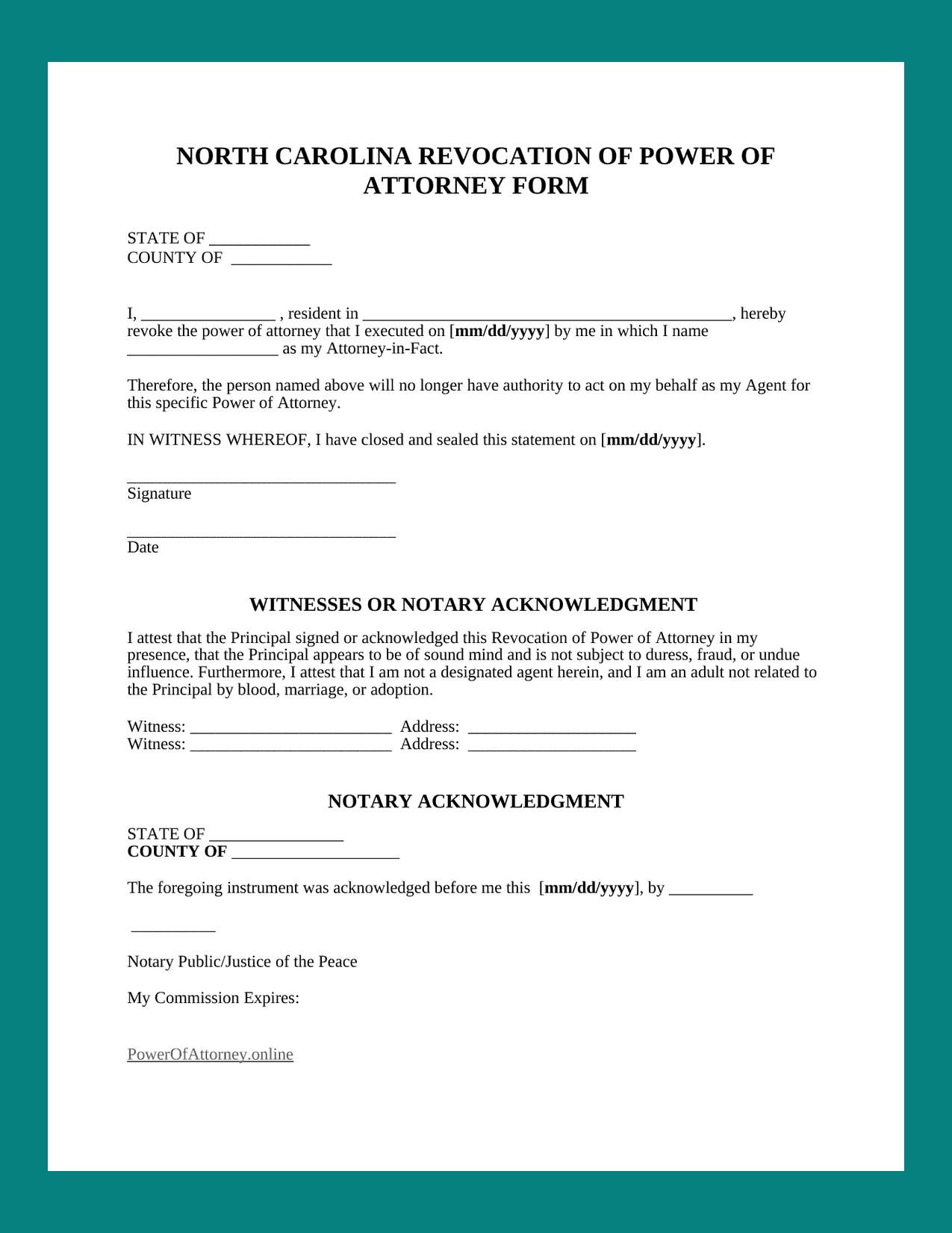 Sample North Carolina Revocation of Power of Attorney