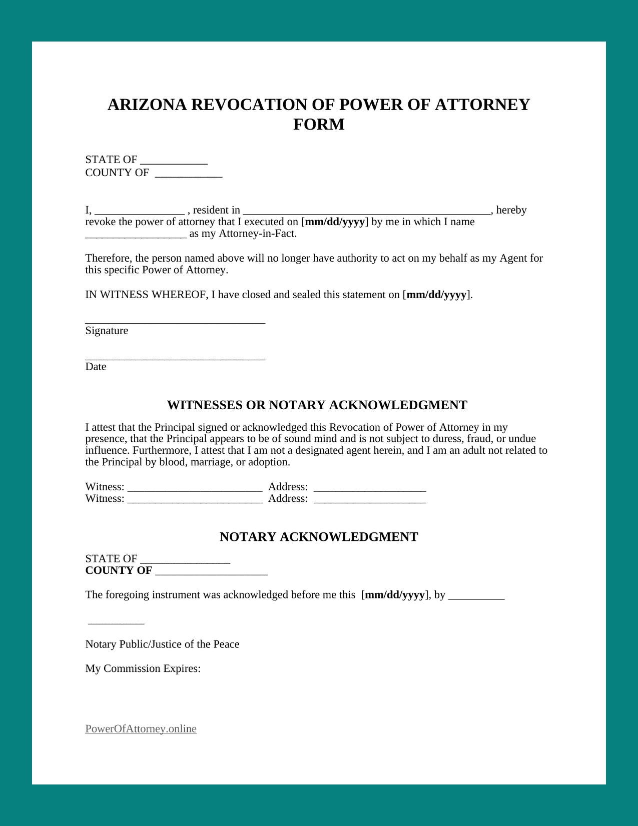 Sample Arizona Revocation of Power of Attorney