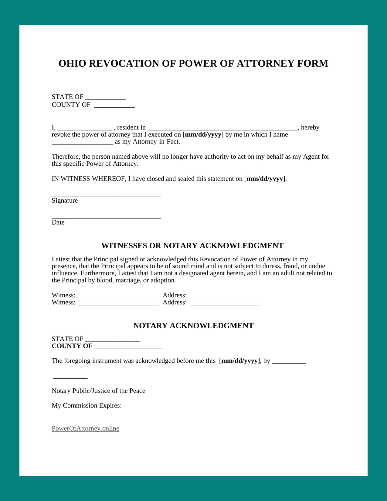Ohio Revocation Power of Attorney Sample