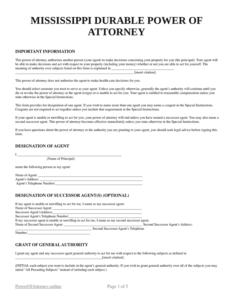 Free Mississippi (MS) Power of Attorney Forms & Templates | PDF