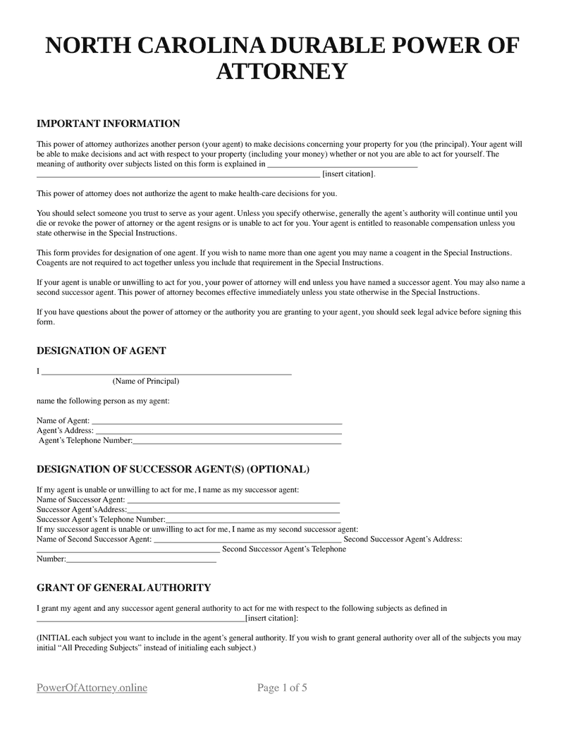 Free north carolina nc durable power of attorney forms templates pdf